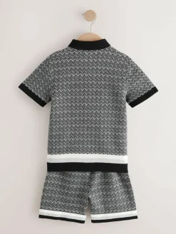 Sale Next Monochrome Geo Knitted Button Through Polo Shirt and Shorts Set (3-16yrs)