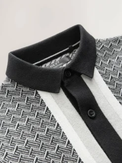 Sale Next Monochrome Geo Knitted Button Through Polo Shirt and Shorts Set (3-16yrs)