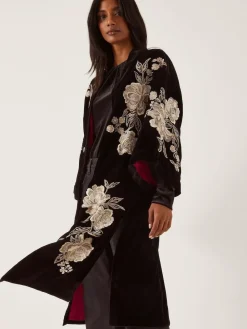 Monsoon Black Fia Floral Embroidered Velvet Kimono^Women Swimwear