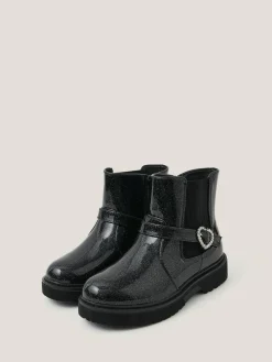 Hot Monsoon Black Heart Buckle Glitter Patent Boots