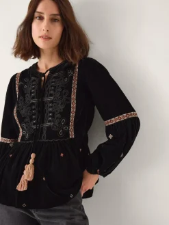 Hot Monsoon Black Noni Embroidered Velvet Long Sleeve Blouse
