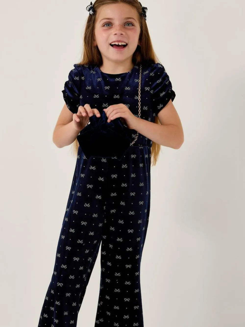 Monsoon Blue Bow Embellished Velvet Flare Jumpsuit^ Jumpsuits & Playsuits