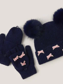 Outlet Monsoon Blue Bow Hat & Gloves Set