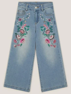 Sale Monsoon Blue Sequin Floral Embroidered Wide Leg Jeans