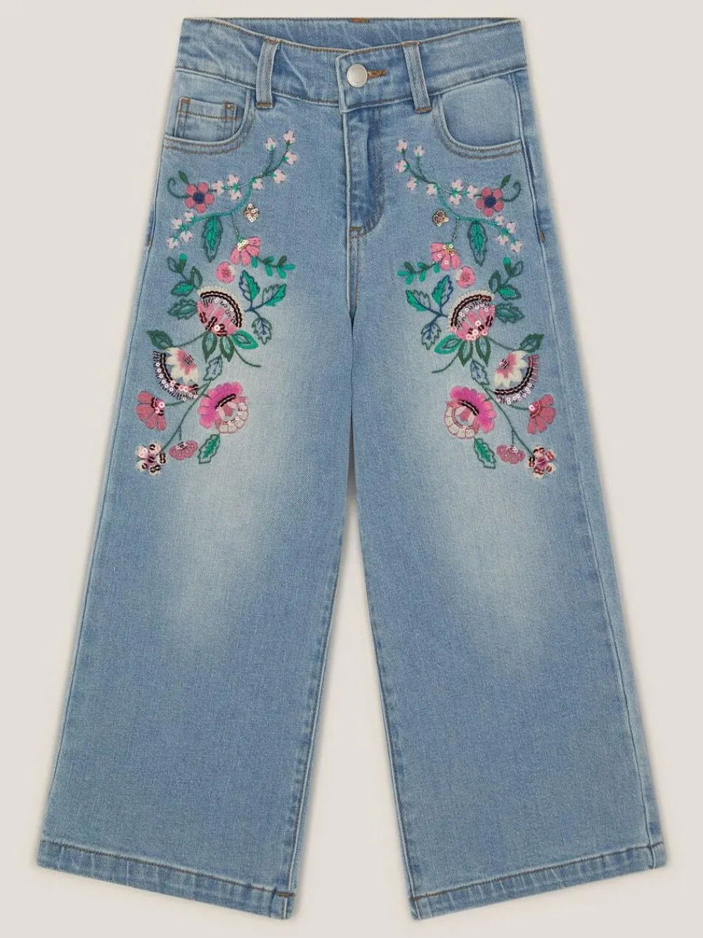 Sale Monsoon Blue Sequin Floral Embroidered Wide Leg Jeans