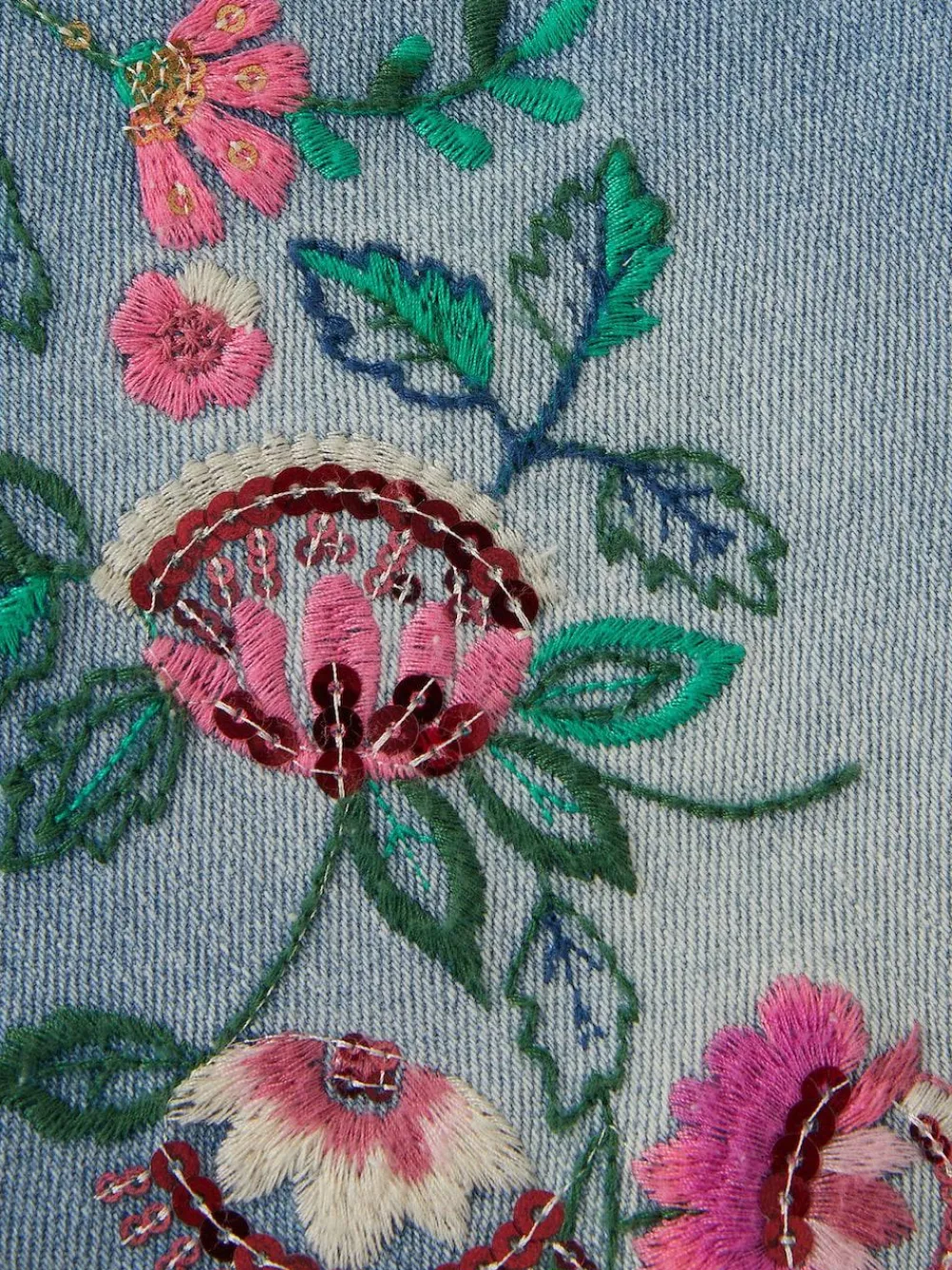 Sale Monsoon Blue Sequin Floral Embroidered Wide Leg Jeans