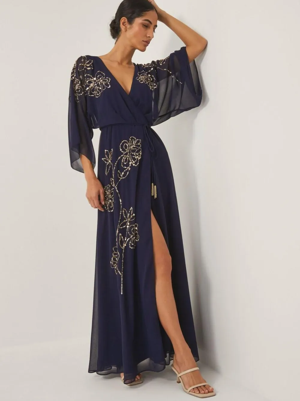 Sale Monsoon Skyla Floral Print Embellished Maxi Wrap Dress Blue