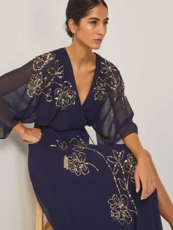 Sale Monsoon Skyla Floral Print Embellished Maxi Wrap Dress Blue