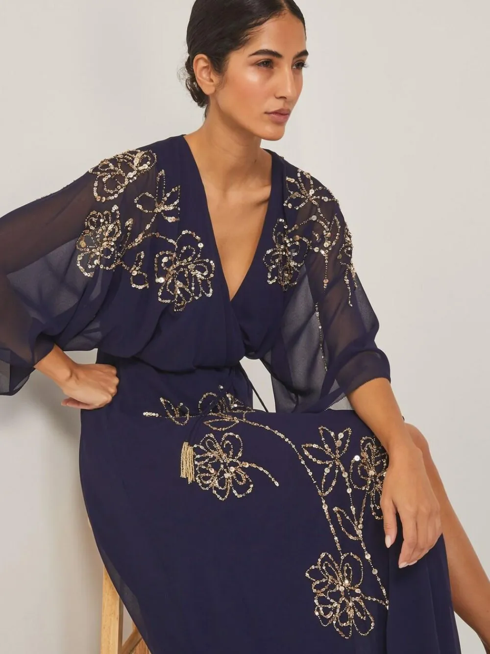 Sale Monsoon Skyla Floral Print Embellished Maxi Wrap Dress Blue