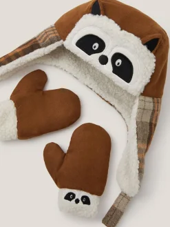 Online Monsoon Brown Baby Racoon Trapper Hat & Mittens Set