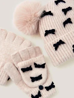 Discount Monsoon Brown Bow Bobble Hat & Gloves Set