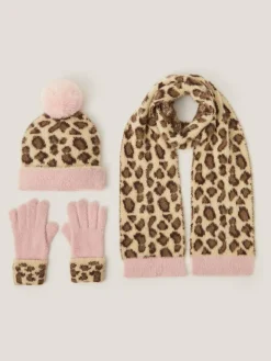 Hot Monsoon Brown Leopard Print Hat Scarf & Gloves Set