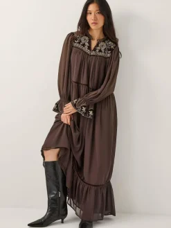 Monsoon Brown Nova Embroidered Yoke Chiffon Maxi Dress