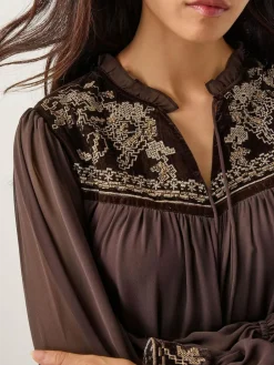 Monsoon Brown Nova Embroidered Yoke Chiffon Maxi Dress