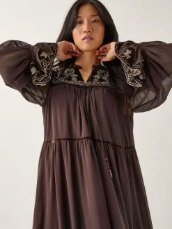 Monsoon Brown Nova Embroidered Yoke Chiffon Maxi Dress