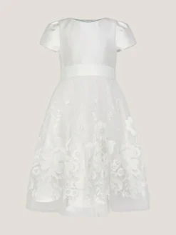 New Monsoon Cream Alicia Satin Floral Embroidered Dress