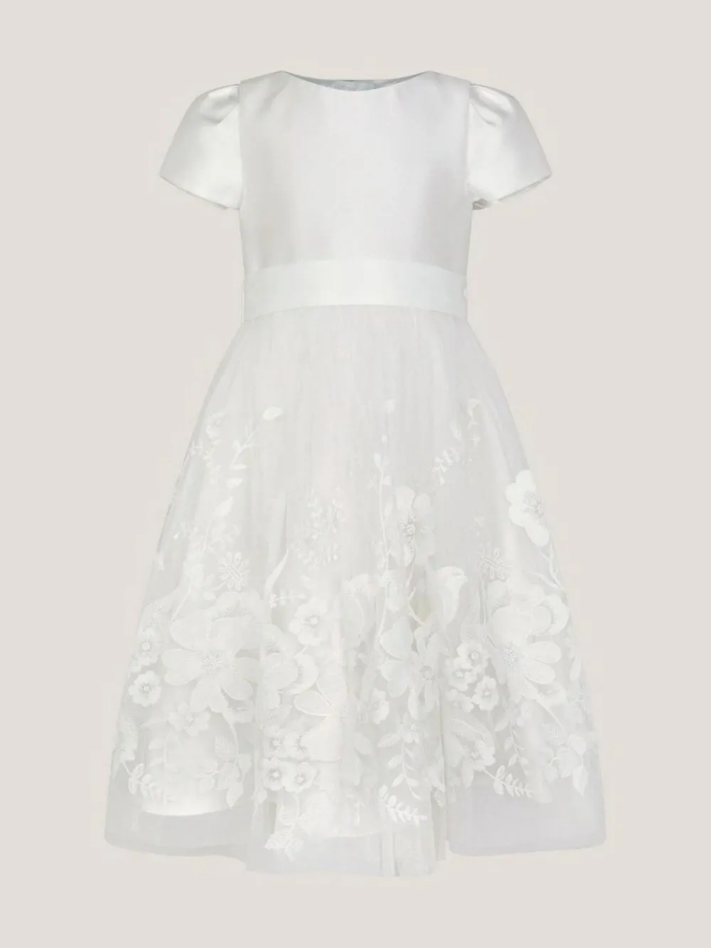 New Monsoon Cream Alicia Satin Floral Embroidered Dress