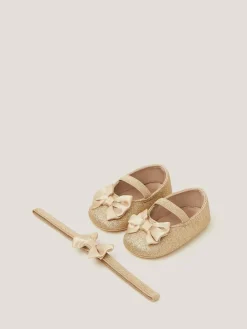 Sale Monsoon Baby Bow Glitter Booties & Headband Set Gold