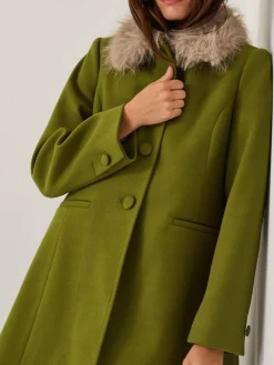 Monsoon Green Beatrice Faux Fur Collar Coat^Women Coats & Jackets|Coats & Jackets