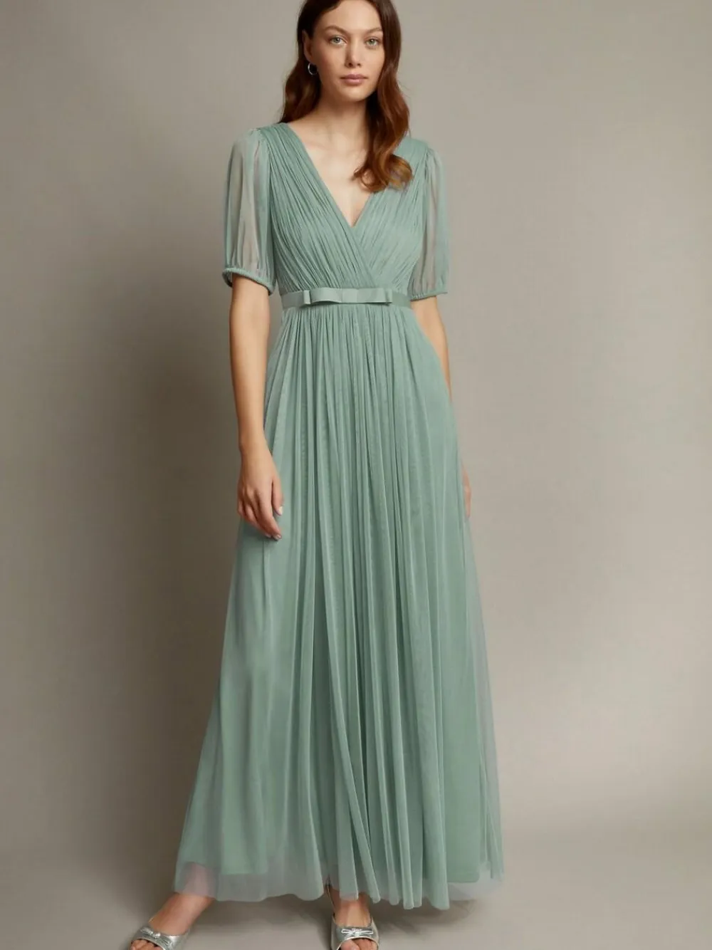 Hot Monsoon Ellie Sheer Sleeve Plunge Tulle Maxi Dress Green
