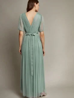 Hot Monsoon Ellie Sheer Sleeve Plunge Tulle Maxi Dress Green