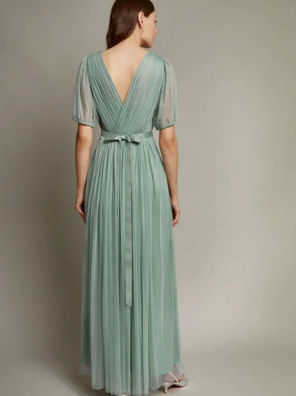 Hot Monsoon Ellie Sheer Sleeve Plunge Tulle Maxi Dress Green