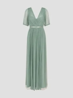 Hot Monsoon Ellie Sheer Sleeve Plunge Tulle Maxi Dress Green