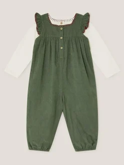 New Monsoon Green Long Sleeve Top & Floral Corduroy Dungarees Set