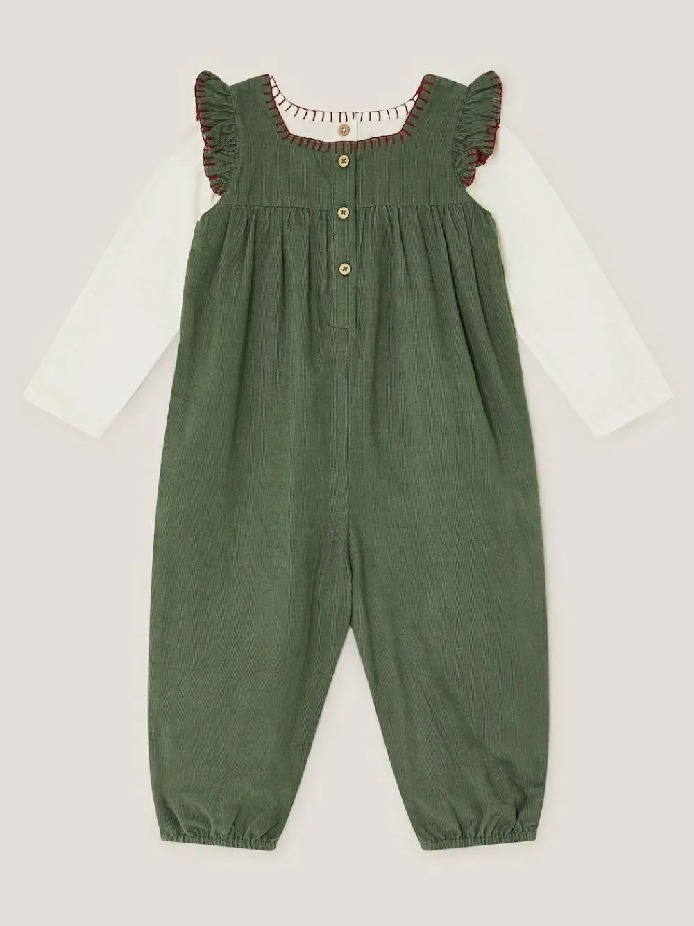 New Monsoon Green Long Sleeve Top & Floral Corduroy Dungarees Set