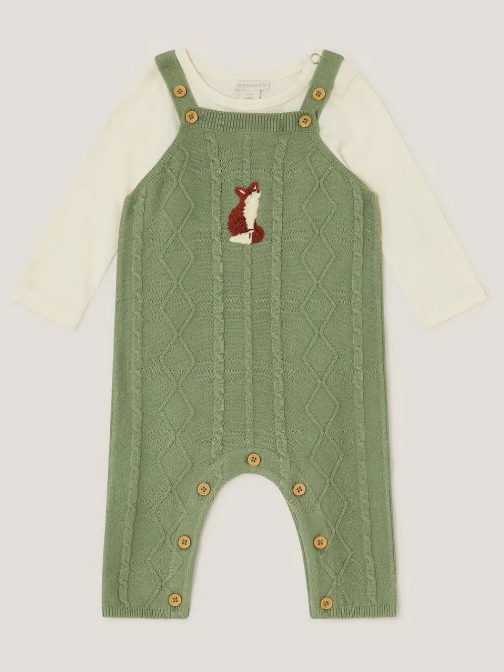 Best Monsoon Green Newborn Fox Cable Knit Dungarees Set