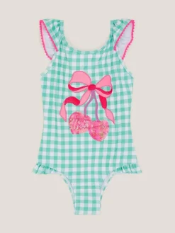 Monsoon Green Sequin Cherry Gingham Swimsuit^ Swimwear|Swimwear