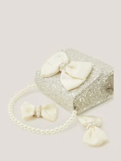 Hot Monsoon Natural Glitter Pearl Bow Handbag & Hair Clips Set