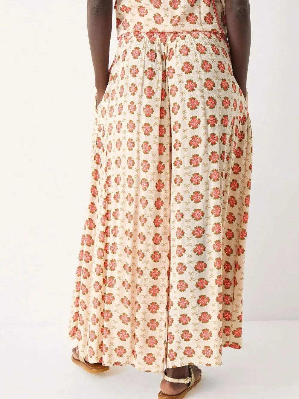 Monsoon Natural Maddie Floral Print Wide Leg Trousers