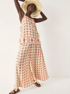 Monsoon Natural Maddie Floral Print Wide Leg Trousers