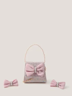 Discount Monsoon Pink Bow Glitter Bag & Hair Clips Set