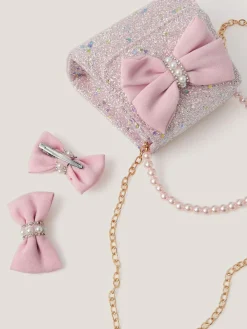 Discount Monsoon Pink Bow Glitter Bag & Hair Clips Set