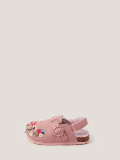 Monsoon Pink Faux Fur Floral Embroidered Clogs^ Shoes