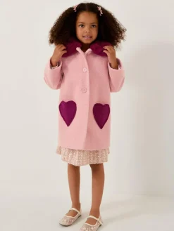 Monsoon Pink Heart Boucle Faux Fur Collar Coat^ Coats, Jackets & Pramsuits|Coats, Jackets & Pramsuits