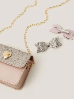 Sale Monsoon Pink Mini Glitter Bag & Bow Hair Clips Set