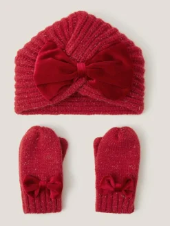 Best Monsoon Red Baby Bow Knitted Hat & Mittens Set