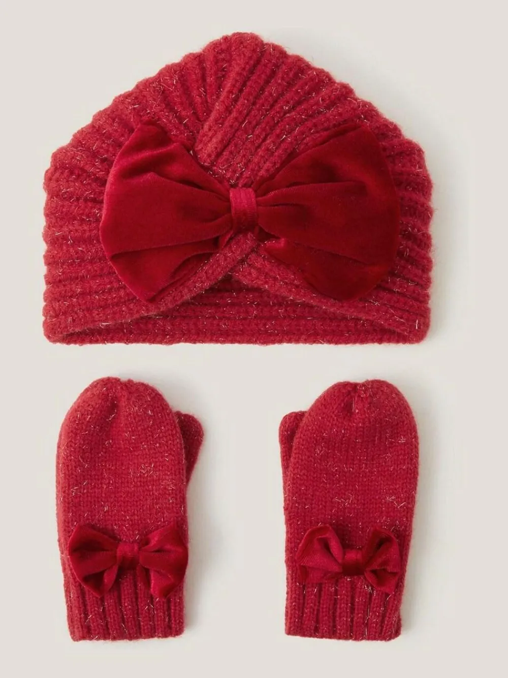 Best Monsoon Red Baby Bow Knitted Hat & Mittens Set