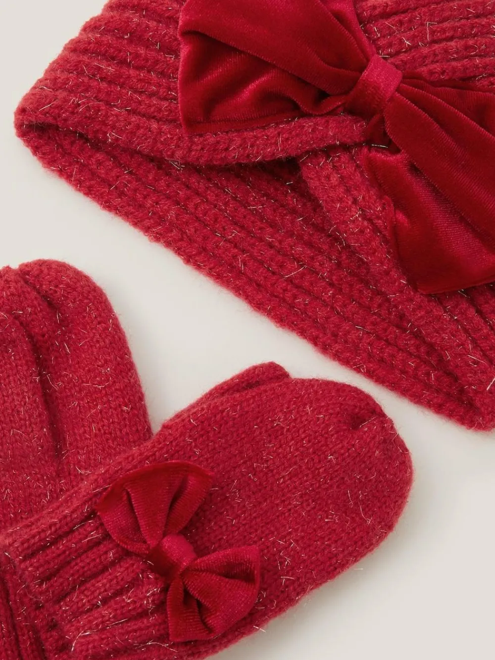 Best Monsoon Red Baby Bow Knitted Hat & Mittens Set