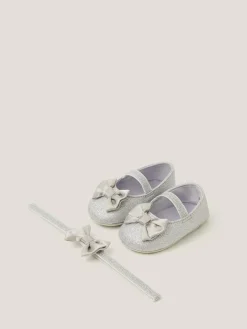 Outlet Monsoon Baby Bow Glitter Booties & Headband Set Silver