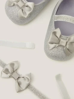 Outlet Monsoon Baby Bow Glitter Booties & Headband Set Silver
