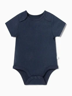 Sale Mori Blue Ribbed Stretch Short Sleeve Envelope Neckline Bodysuit