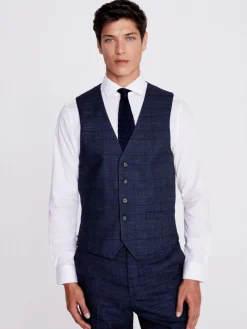 MOSS Navy Black Check Regular Fit Suit Waistcoat^ Vests