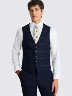 MOSS Navy Black Check Slim Regular Fit Suit Waistcoat^ Vests