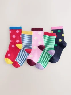 Next Multi Colour Cotton Rich Stripe and Spot Ankle Socks 5 Pack^ Multipacks|Socks & Tights