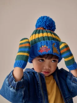 Online Next Multi Colour Embroidered Pom Beanie Hat & Mittens 2 Piece Set (3mths-10yrs)