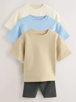 Next Multi Neutral Short Sleeve Textured T-Shirts & Cycling Shorts 3 Pack (3mths-7yrs)^BOY Shorts|Shorts
